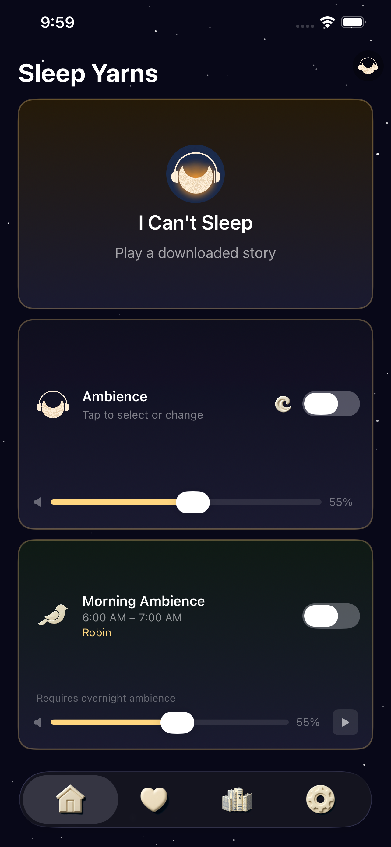 Sleep Yarns — home screen